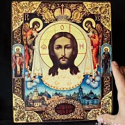 Икона на дереве "Спас с Архангелами" Ручная работа — оригинальный подарок — фотография 1